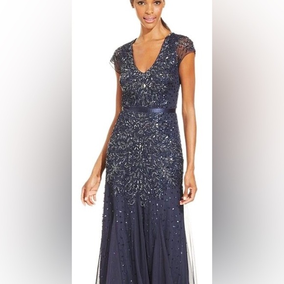 ADRIANNA PAPELL Gown Maxi Dress Sequin Midnight Blue Embellished Cap Sleeve $229 - Picture 4 of 11